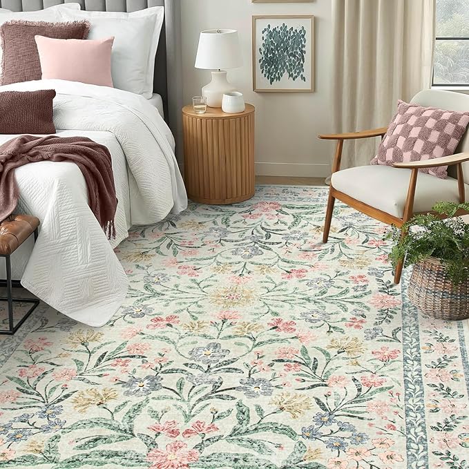 Lahome Boho Rugs for Living Room 5x7, Machine Washable Area Rugs Non-Slip, Vintage Floral Soft Kids Bedroom Carpet Rug for Home Girls Playroom Foyer Entryway, Beige/Multi