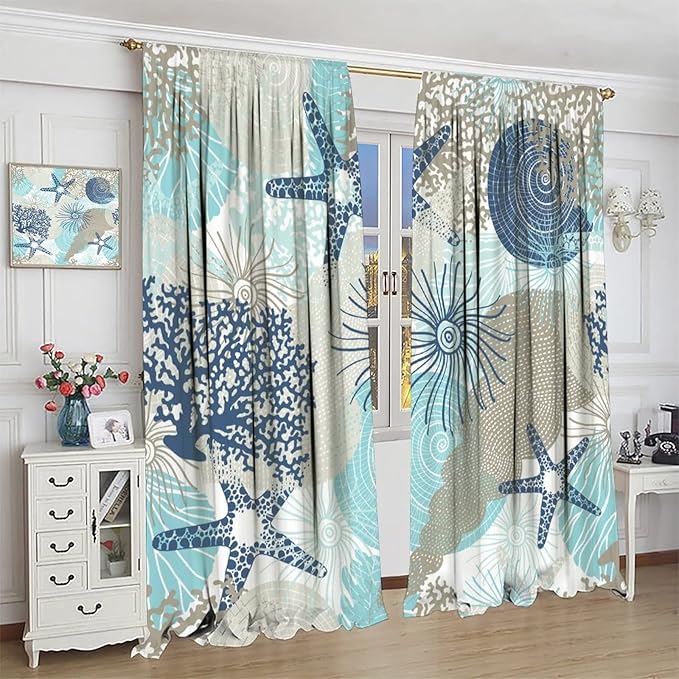 Coastal Curtains Ocean Beach Themed Room Darkening Window Curtain Nautical Coral Blackout Curtain for Bedroom Living Room Bathroom Nursery Set 2 Panels,42x63 Inches