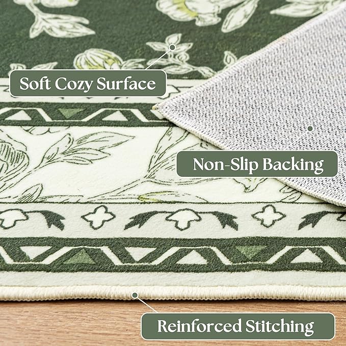 Olive Green Floral Print Area Rugs for Bedroom Living Room Boho Farmhouse Country Rustic Dining Room Carpet Soft Washable Rugs Non Slip Floor Covering for Nursery Playroom 5x8