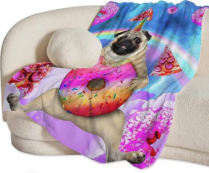 Pug Blanket Funny Pug Gifts for Girls Boys Woman Kids Doughnut Pizza Lover Dog Throw Blankets Soft Blanket Warm Fleece Flannel Plush Blankets for Bed Sofa Couch 50"x60"