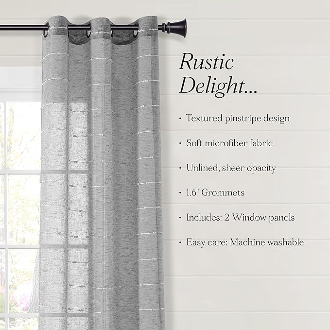 Lush Decor Farmhouse Textured Grommet Sheer Window Curtain Panel Pair, 38"W x 108"L, Dark Gray