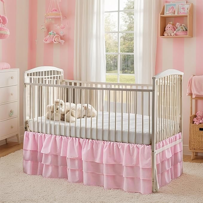 Ruffled Crib Bed Skirt: 3 Tiered Ruffled Crib Skirt Baby Girl Nursery Toddler Bedding Dust Ruffle, 17.7" Deep Drop- Fits Standard Cribs,28"x 52" (Pink)