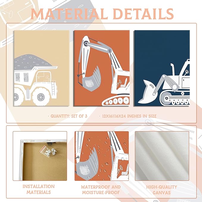 AKWISH Framed Nursery Construction Truck Wall Art Set of 3 – Cute Excavator Tractor Dump Truck Canvas Prints, Boys Bedroom and Baby Room Wall Decor, Playroom Vehicle Artwork – 12x16in