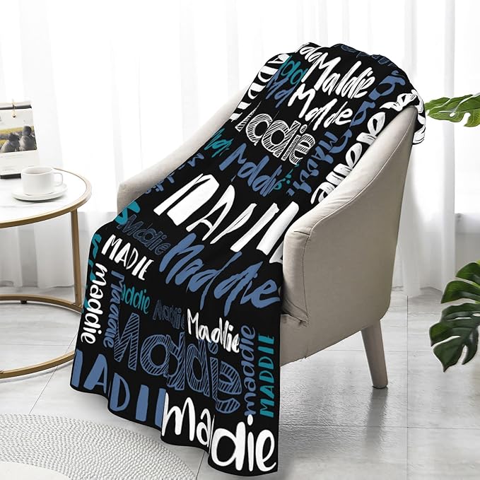 Dr.TOUGH Personalized Blankets with Name Customized Baby Blankets for Girls Boys Adults Monogrammed Blankets and Throws Christmas Birthday Mothers Fathers Valentines Day Gift (Black-Blue,60''×80'')