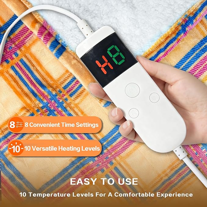Electric Blanket Heated Twin, Soft Flannel 62"x84" Plaid Heating Blanket with 8 Hours Auto Off 10 Fast Heating Levels Machine Washable Sherpa Heated Blanket with Overheating Protection