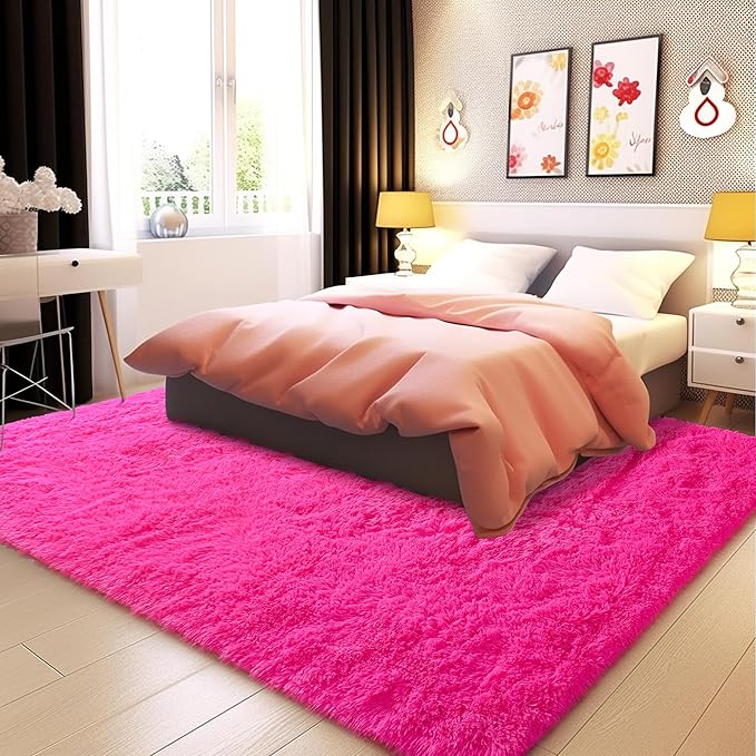 Fluffy Rug Stain Resistant 6x9 Feet, Hot Pink Throw Rugs Bedroom Nursery Rug Furry Throw Carpets for Teen Girls