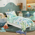 4 Pieces Sea Turtle Toddler Bedding Set for Boys Girls Teal Blue White Toddler Bed Set with Seaweed Starfish Soft Blue Cute Toddler Bed in a Bag with Sheet Set and Pillow Shams
