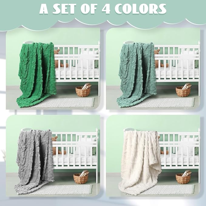 VitalCozy 4 Pcs Soft Fleece Baby Blankets Set 30" x 40" 3D Plush Warm Nursery Swaddling Bed Blanket Little Boys Girls Infant Toddlers and Newborn Receiving Gifts Blankets(Green Set)