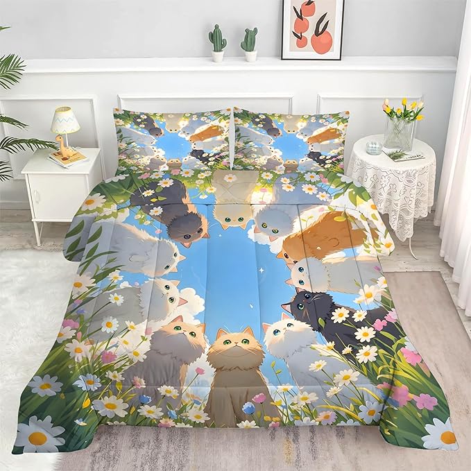 Floral Cat Bedding Set: King Size Cute Cats Comforter Set Daisy Kitten Blue Sky Quilt Kawaii Feline Flowers Animal Bed Set for Women Adults Teens Girls Room Decor 3 Piece