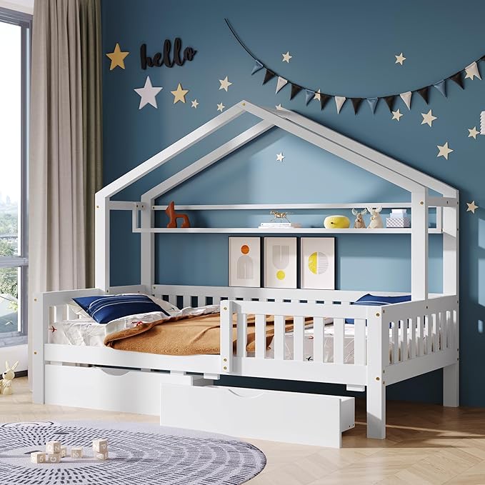 Aoowow Full Size House Bed with Storage Drawers and Shelf, Kids Twin Bed Frame Wooden Platform Bed with Guardrails and Slats for Boys Girls Teens for Bedroom(White)
