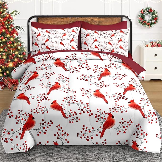 7 Pcs King Size Christmas Comforter Set with 2 Pillowcases & 2 Shams, Winter Cardinal Bird Bedding for Kids and Adults, Berries Branches Bed in a Bag with Flat Fitted Sheet