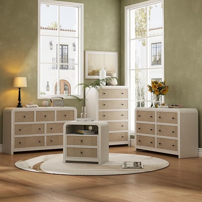 Oak&Sparrow 6 Drawer Dresser for Bedroom, 49'' Rattan Dresser with Ample Storage, Boho Chest of Drawers, Thickened Curved Profile Design, Oak Dressers for Bedroom, Living Room