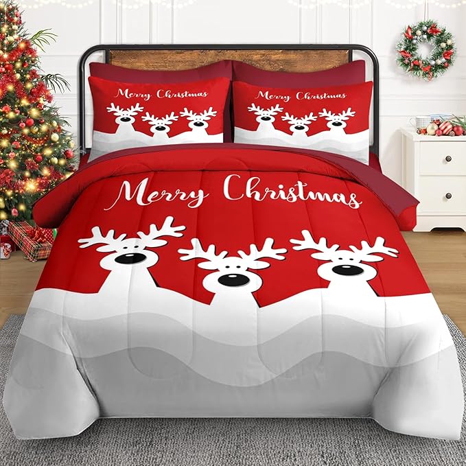7 Pcs Queen Size Christmas Comforter Set with 2 Pillowcases & 2 Shams, Cute Cartoon Reindeer Bedding for Kids and Adults, Winter Merry Xmas Bed in a Bag with Flat Fitted Sheet