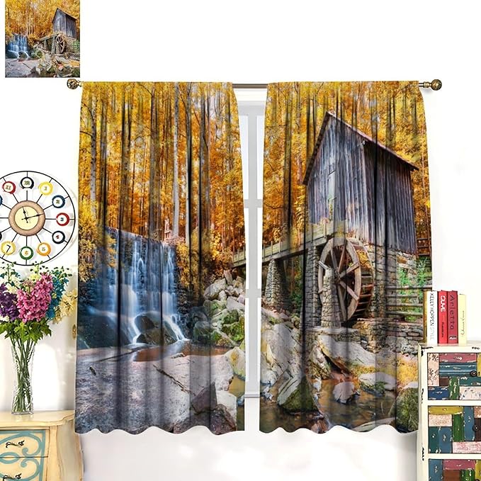 Autumn Waterfall Blackout Curtains, Landscape Fall Waterfall Outdoor Nature Art Window Drapes, for Bedroom Living Room 63" W X 72" L