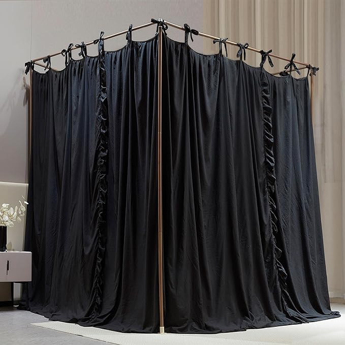 4 Corners Post Princess Curtain Bed Canopy Double Layer Cozy Mosquito Net Mesh and Cloth for Girls Adults Bedroom Decoration (Double-Black/Black, 64" W*82" L*82"*H/(Queen))