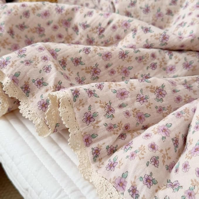 BuLuTu Purple Floral Print Toddler Blanket Quilted 100% Cotton Muslin Lightweight Kids Comforter Soft Bed Blankets for Girls Toddler Crib Quilt, All Seasons Blankets, 47x59 Inches