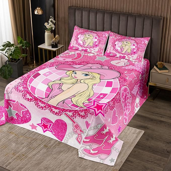 Western Cowgirl Princess Bedspread Queen Size,Cactus Cowgirl Boot Cap Bowknot Coverlet Set,Girls Women Room Decor,Star Love Heart Glitter Romantic Quilted Coverlet,Pink Bedding Quilt,2 Pillowcases