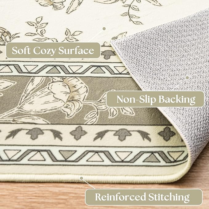 Farmhouse Beige Floral 8x10 Area Rugs for Living Room, Cream Tan Taupe Sketch Pattern Bedroom Rug Boho Low Pile Dining Room Washable Carpet 8x10, Vintage Soft Indoor Non-Slip Floor Covering Nursery