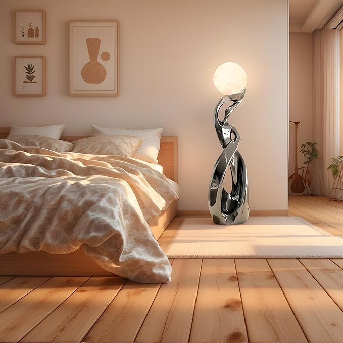 Bofea-Modern Funky Floor Lamp for Living Room,Large Tall Standing Lights with 3D Moon Lamp,Smoked Resin Floor Lamps,Accent Lights,Modern Dancing Girls Statue for Living Room Bedroom Home Decor