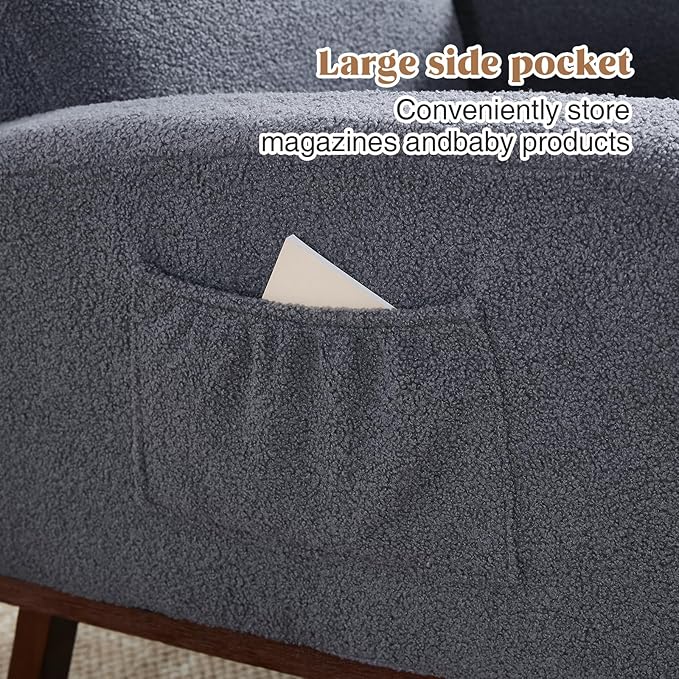 Rocking Chair Nursery with Foot Rest, Teddy Nursing Rocking Chairs for Mom Breastfeeding, Rocker Glider Chair with High Backrest for Living Room, Bedroom, Blue Grey