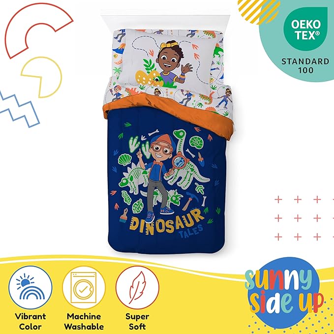 Sunny Side Up Kids Comforter Set Includes Sheets and Pillow Covers - Soft and Cozy Bed Set for Stylish Room Decor, Blue - Blippi, 5 Piece Twin Bedding