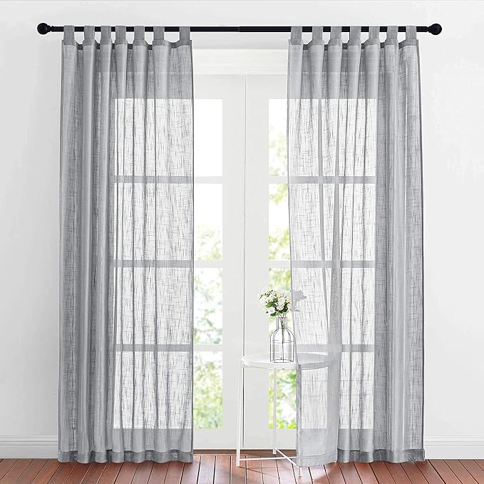 RYB HOME Grey Sheer Curtains - Linen Textured Semi Sheer Privacy Protect Light Glare Filtering Window Curtains for Bedroom Living Room, W 52 x L 84 inches, 1 Pair, Gray