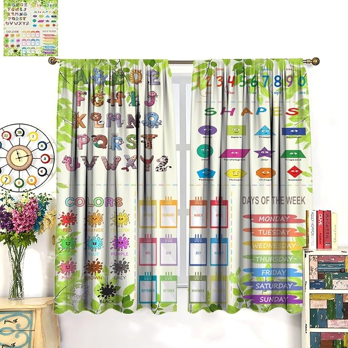 Kids Alphabet Curtain Cartoon Animal Nursery Rustic Leaves Plant Funny School Education Learning Tools Printed Rod Pocket Blackout Window Drapes for Bedroom Living Room 55" W X 63" L