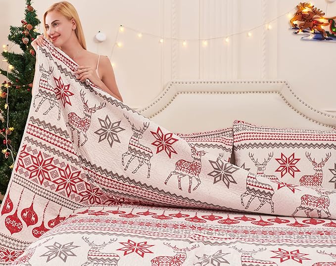 Jessy Home Christmas Quilt Set Queen Size Bedding Xmas Bedspread Coverlet Holiday Deer Snowflake Decor Soft Lightweight Bedding,Red White