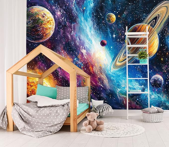 XMPMBM-Starry Sky Abstraction Art Graffiti Wallpaper Colorful Planets Nursery Room Boys Bedroom Bathroom Wall Mural- W 132" X H 92"（93 Square Foot）