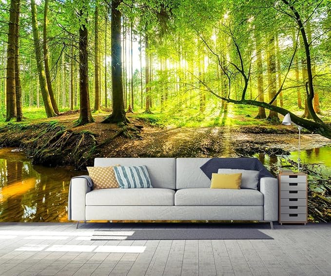 Wall Mural Fall Forest Stream Wallpaper Wall Decoration Print Picture Image Design for Bedroom, Living Room, Kids Room (Not Self-Adhesive)