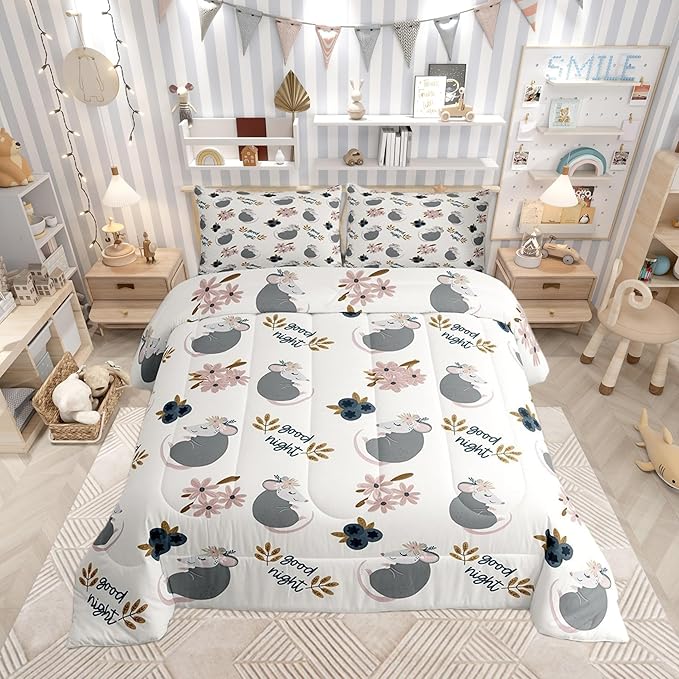 Castle Fairy Cute Opossum 3 Pcs King Size Comforter Set,Cartoon Animals Down Alternative Adults Bedroom Decor,Watercolor Flower Plant Ultra Soft Microfiber Inner Fill 3Pcs Bedding