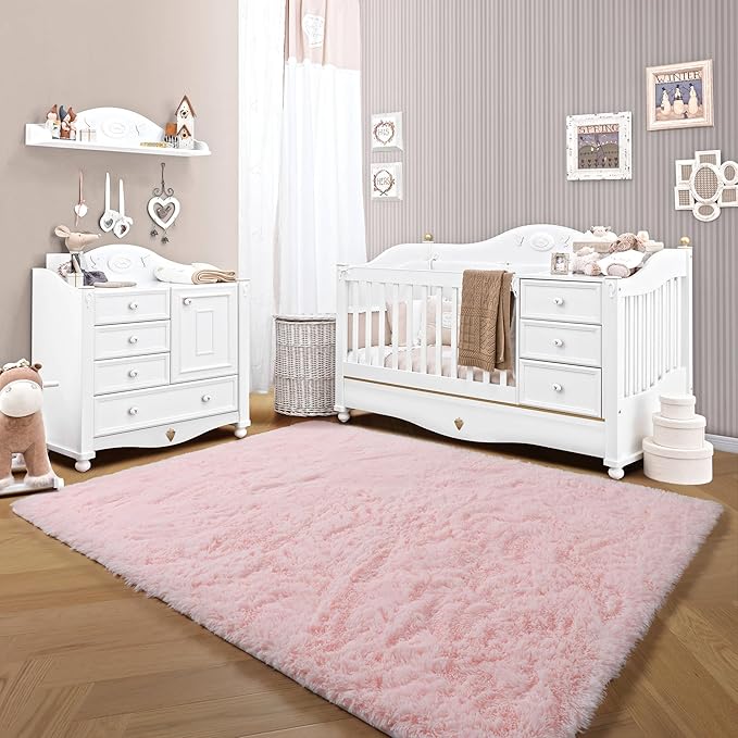 ONASAR Pink Area Rugs for Living Room Girls Bedroom, 5x8 Washable Fluffy Bedside Throw Rug, Soft Cute Plush Shaggy Indoor Floor Carpet for Nursery Kids Boys Teen Dorm Office Home Decor Aesthetic