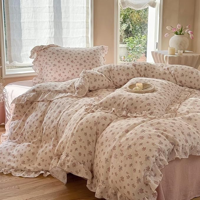 BuLuTu Chic Shabby Tuberose Floral Duvet Cover Queen, Double-Layer Cotton Muslin Comforter Cover Kids Teens Bedding Ruffles Quilt Covers for All Seasons, 90"x90", Zipper Closure, No Pillow