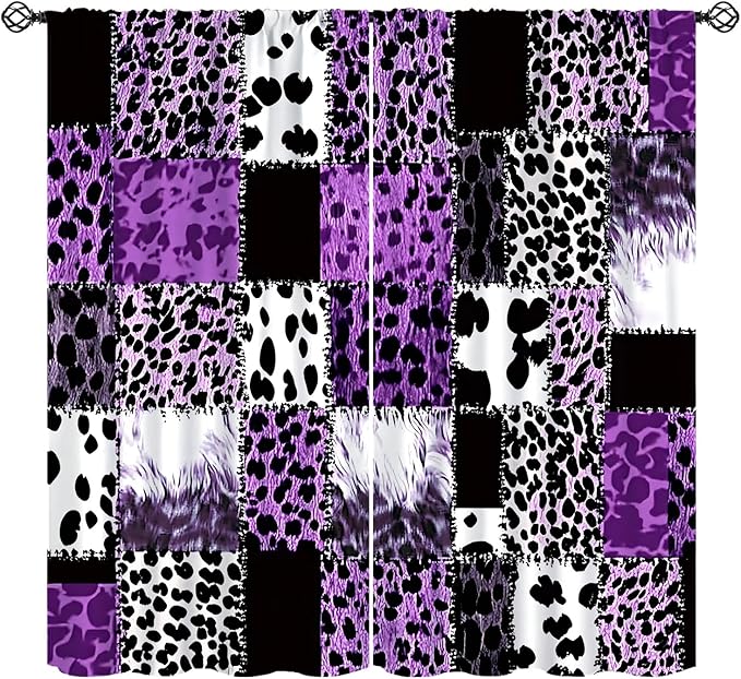 Brown Leopard Curtain, Purple Patchwork Cheetah Panthera Zebra Giraffe Print Safari Wildlife African Wild Animal Skin Window Curtains for Living Room Bedroom 55" W X 63" L