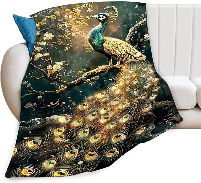 Peacock Blanket Gold Peacock Gifts for Girls Boys Woman Kids Lover Throw Blankets Soft Blanket Warm Fleece Flannel Plush Blankets for Bed Sofa Couch 40"x50"