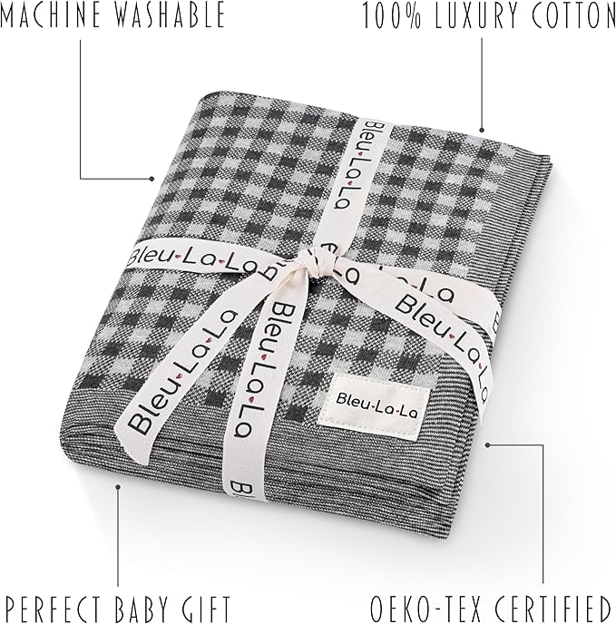 Luxury Knit Plaid Receiving Baby Blanket - 100% Soft Fine Cotton Receiving Swaddle Stroller Nursery Blanket Shower Baby Gift Registry for Newborns Toddlers Boys & Girls (Plaid - Grey)