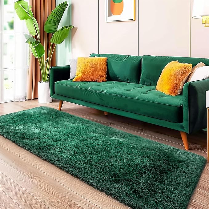 Fluffy Runner Rugs for Bedroom 2x4, Emerald Green Runner for Hallway Non-Slip, Shaggy Fuzzy Bedroom Rug Room Decor