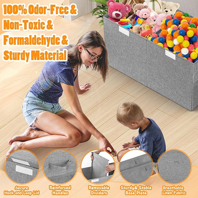 Large Toy Storage Box with Lid Divider, Sturdy Collapsible Toys Organizer Chest Kids Storage Bins Boxes Baskets for Boys, Girls, Nursery, Bedroom, Living Room, Playroom, 25"x13"x16", Gray