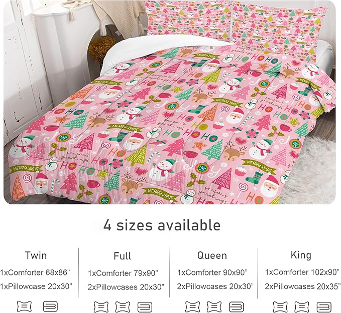 Pink Christmas Comforter Set: Full Size Cartoon Xmas Snowman Bedding Sets Cute Santa Claus Christmas Tree Elk 3 Piece Quilt Bed Set 1 Comforter & 2 Pillowcases