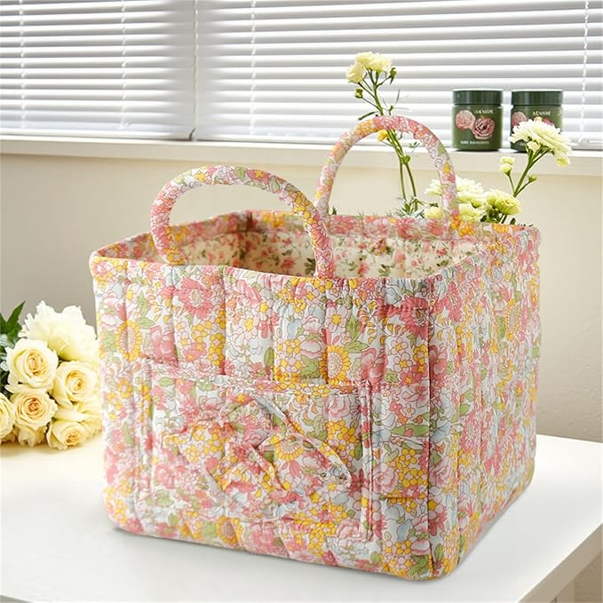 Boho Fabric Storage Basket, Collapsible Floral Laundry Nursery Hamper, Portable Folding Organizer Bin for Home Office Picnic Clothes Toys Books Sundries Storage (Floral 4)