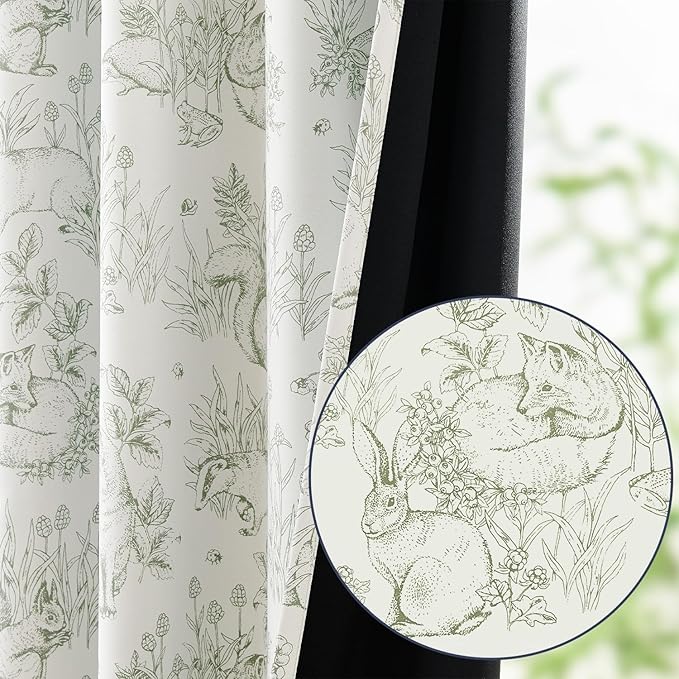 jinchan Blackout Nursery Curtains 72 Inches Long, Bunny Woodland Toile Curtains Sage Green on Beige Animal Printed Drapes for Bedroom Rod Pocket Thermal Insulated Farmhouse Window Treatment 2 Panels