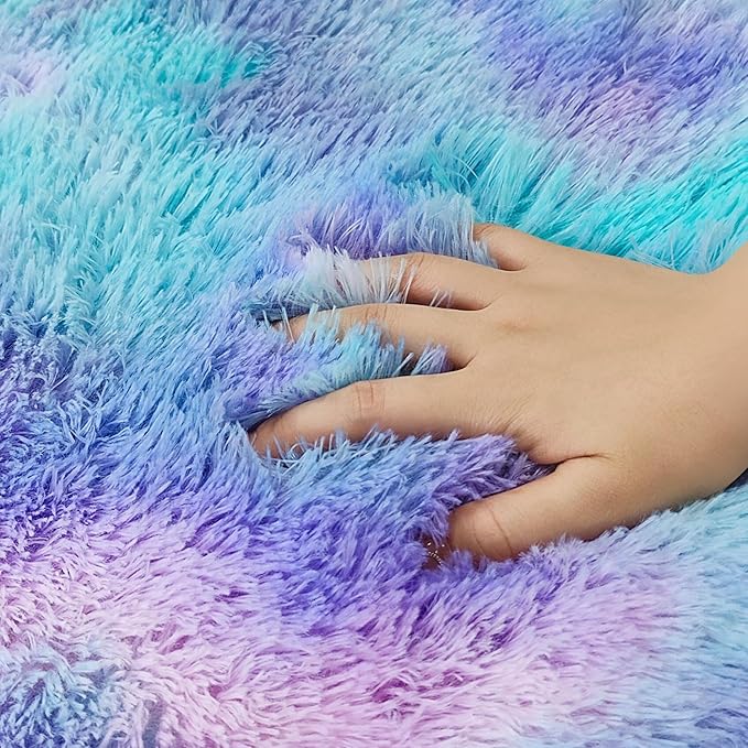 2x2 ft Small Fluffy Round Rug for Girls Bedroom,Soft Shaggy Kids Purple Rainbow Rugs Kawaii Colorful Carpet Fuzzy for Room Kids Bedroom Girls Dresser Playroom Nursery Storage Cabinet Decor
