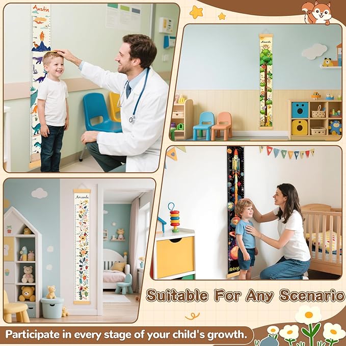 Personalized Wooden Painted Trees and Animals Hanging Canvas Height Ruler, Height Growth Chart for Baby, Kids Measuring Chart for Wall, Kids Room Wall Decor, Removable & Waterproof Growth Chart