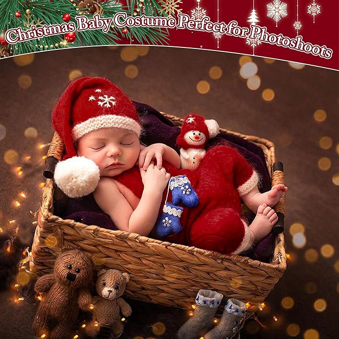M&G House Christmas Newborn Photography Props Crochet Santa Claus Red Romper Hat Baby Photo Outfits Handmade Knitted Newborn Costume Photoshoot Props Christmas Gift