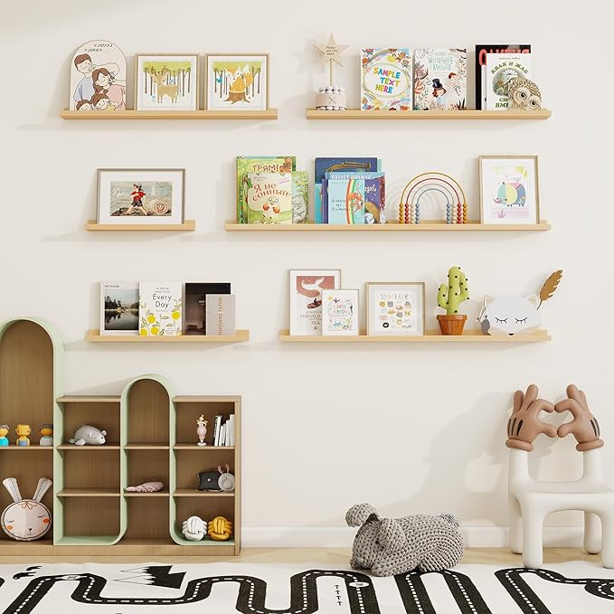 Picture Ledge Shelf, Floating Shelves Set of 2, 32 Inches Solid Wood Nursery Book Shelves for Toys Storage, Kids Bookshelf Wall Mounted for Living Room Decor Books Photo Frames, Unfinished Natural