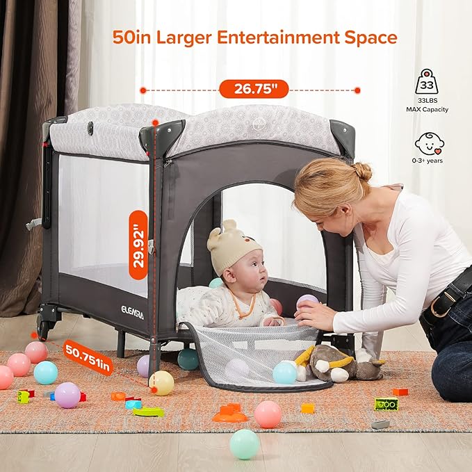 ELEMARA 50" Babies Bassinet Bedside Crib with Diaper Changer，Pack and Play with Mattress and Blackout Cover for Baby，4 in 1 Playpen Travel Bed with Storage,Playard with Adjustable Height