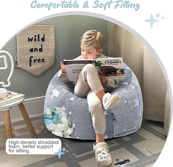 COMAX Bean Bag Chairs for Kids, Toddler BeanBag Sofa with Filler Bean Couch Stuffed for Boys and Girls, Lazy Floor Chair for Playroom, Nursery Room, Glowing Grey Star