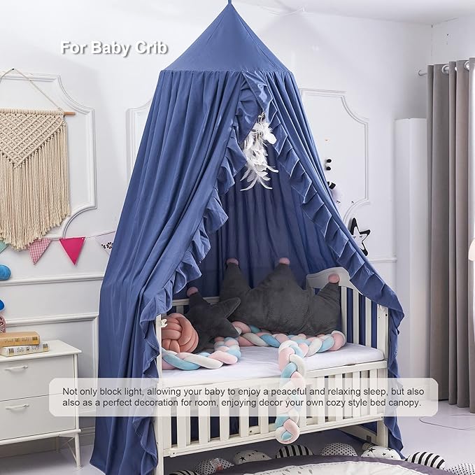 Bed Canopy, Kids Bed Canopies with Lace Bed Room Decor Hanging House Castle Reading Nook Dream Canopy for Girls Princess, Full Queen Size(Navy Blue)