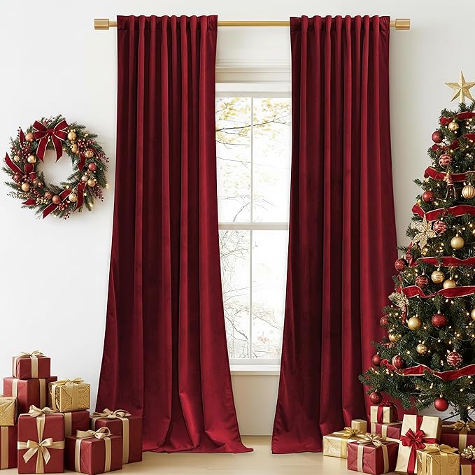 StangH Red Velvet Curtains for Living Room 108 Inches Long, Christmas Style Decor Back Tab Thermal Insulated Room Darkening Drapes for Bedroom Home Theater, W52 x L108, 2 Panels