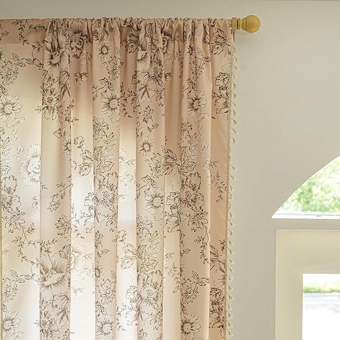 ENJOYBRIDAL Floral 63 Inch Curtains 2 Panel Set Living Room Farmhouse Drapes Bedroom Boho Semi Sheer Short Window Curtain Panels Cute Flower Rod Pocket Botanical Pattern Window Treatments